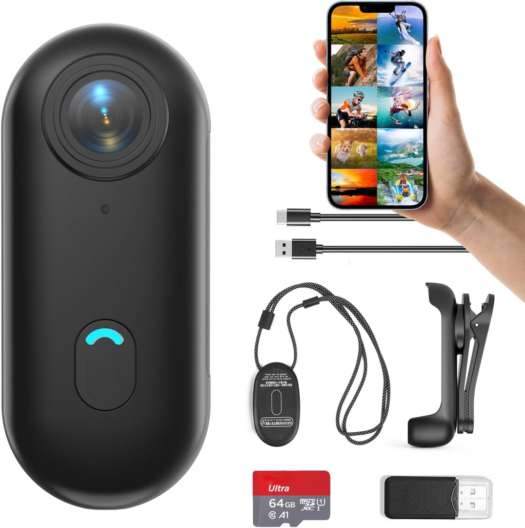 H7 64GB 1080P Thumb Action Camera, Mini Body Cameras, Wearable Pocket Vlogging Camera with Magnetic Lanyard, Small Portable Body Cam Helmet Cam for Work, Cycling, Travel, Pet Walking